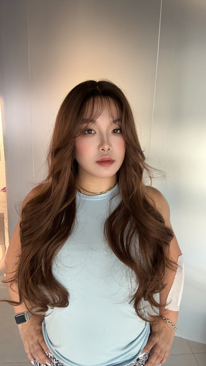 JBEXTENSION 28 Inches Curly Mocha with Dark Root Pre-Cut Frontlace Glueless Wig KANDIE