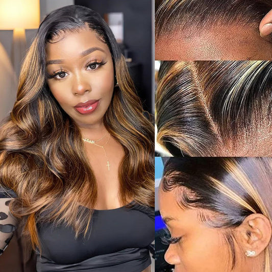 #1B/30 Balayage Highlight Wig Body Wave 4x4 HD Lace Closure Human Hair Wigs | Real HD Lace