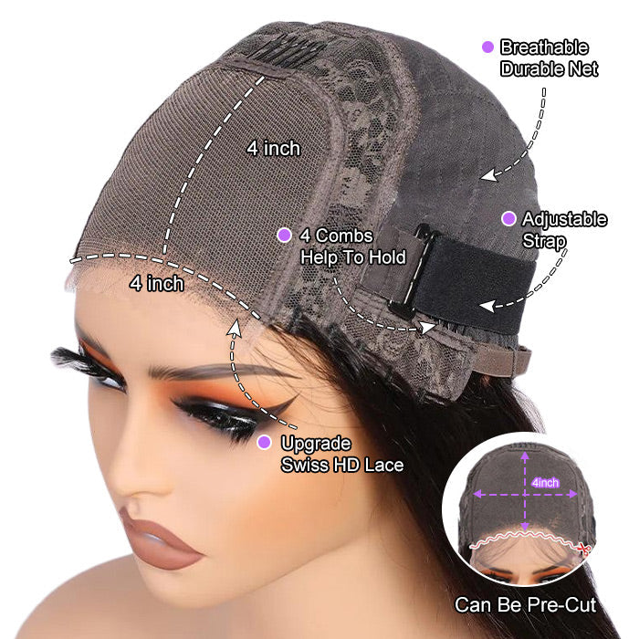 Body Wave Wigs 4x4 HD Invisible Lace Closure Wigs Pre Plucked Glueless Human Hair Wigs