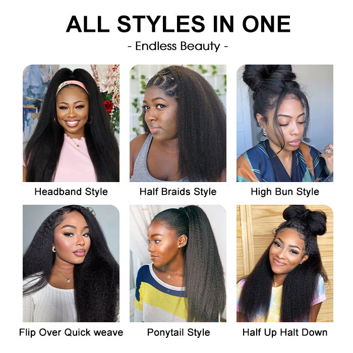 Easy Wear Kinky Straight 3 In 1 Half Wig With Drawstring Comfortable Fit No Glue Needed