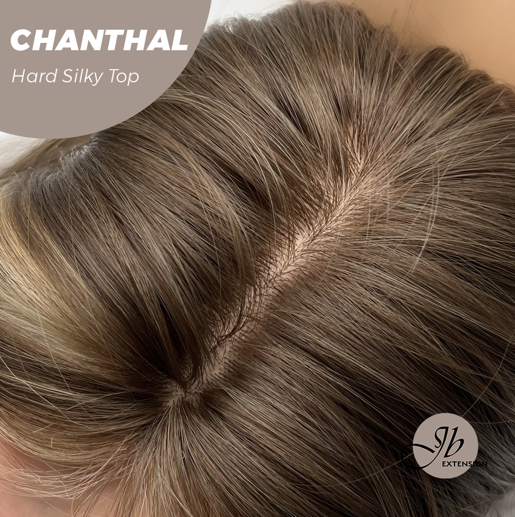 JBEXTENSION 25 Inches Scalpiana Brown with Blonde Highlight 3.5X4 Hard Silky Top Natural Scalp Effect Wig With Bangs CHANTHAL
