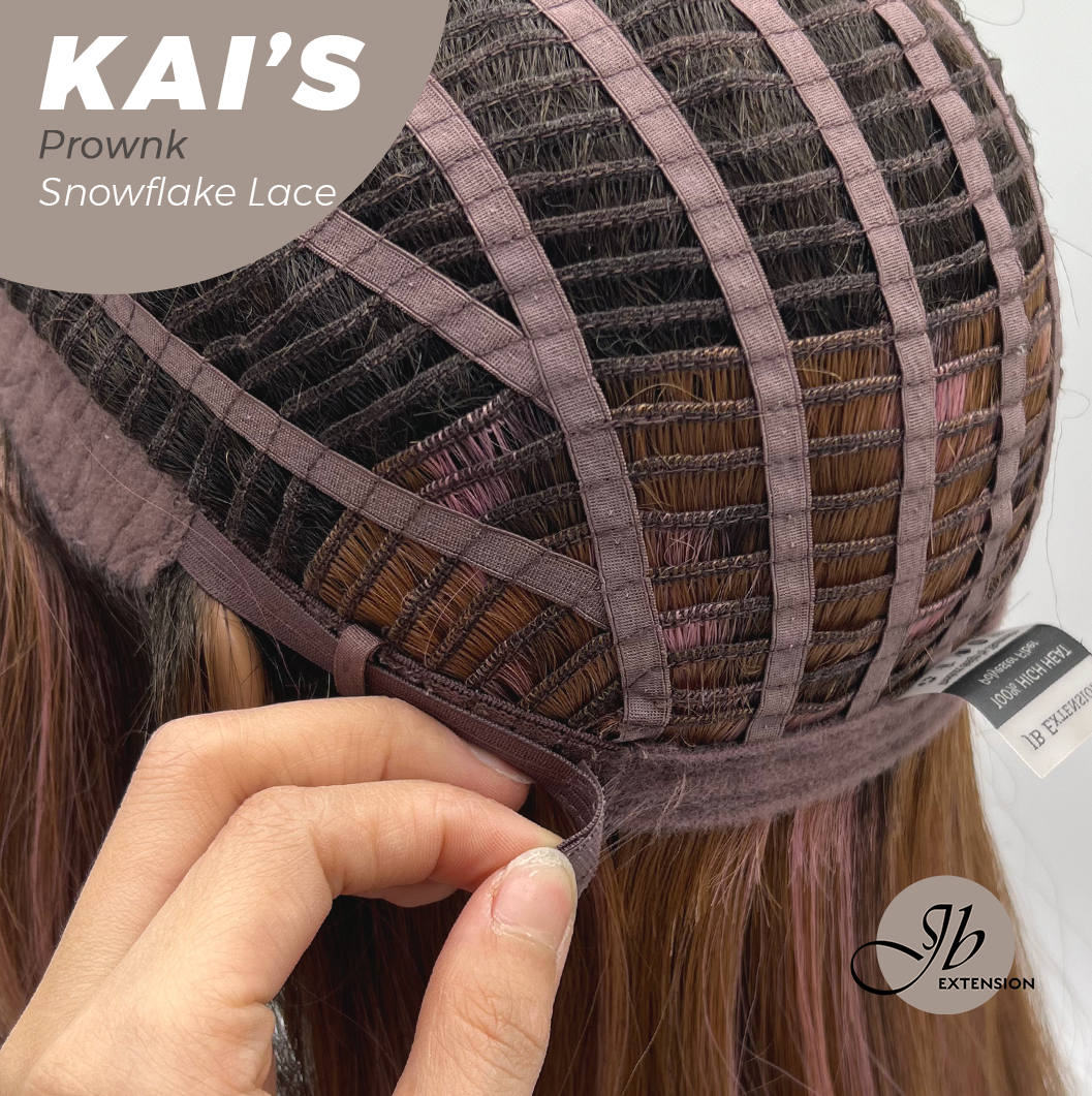 JBEXTENSION 18 Inches Brown with Pink Highlight Pre-Cut Snowflake Lace Frontlace Glueless Wig KAI'S PROWNK【PERMATEASE】【BENDY EAR TABS】- M/L