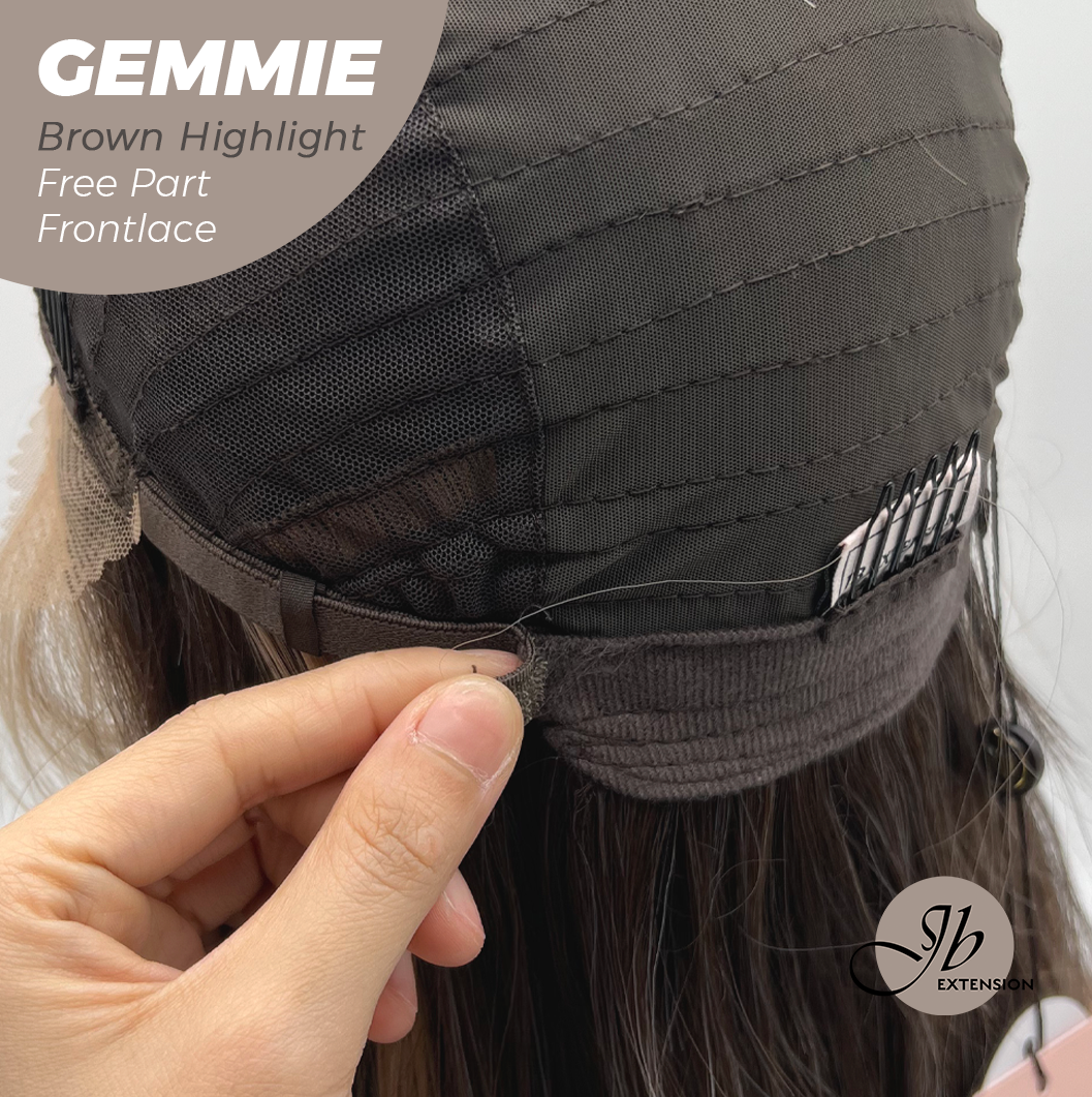 JBEXTENSION 20 Inches Brown Highlight Pre-Cut Free Part Frontlace Glueless Wig GEMMIE BROWN HIGHLIGHT