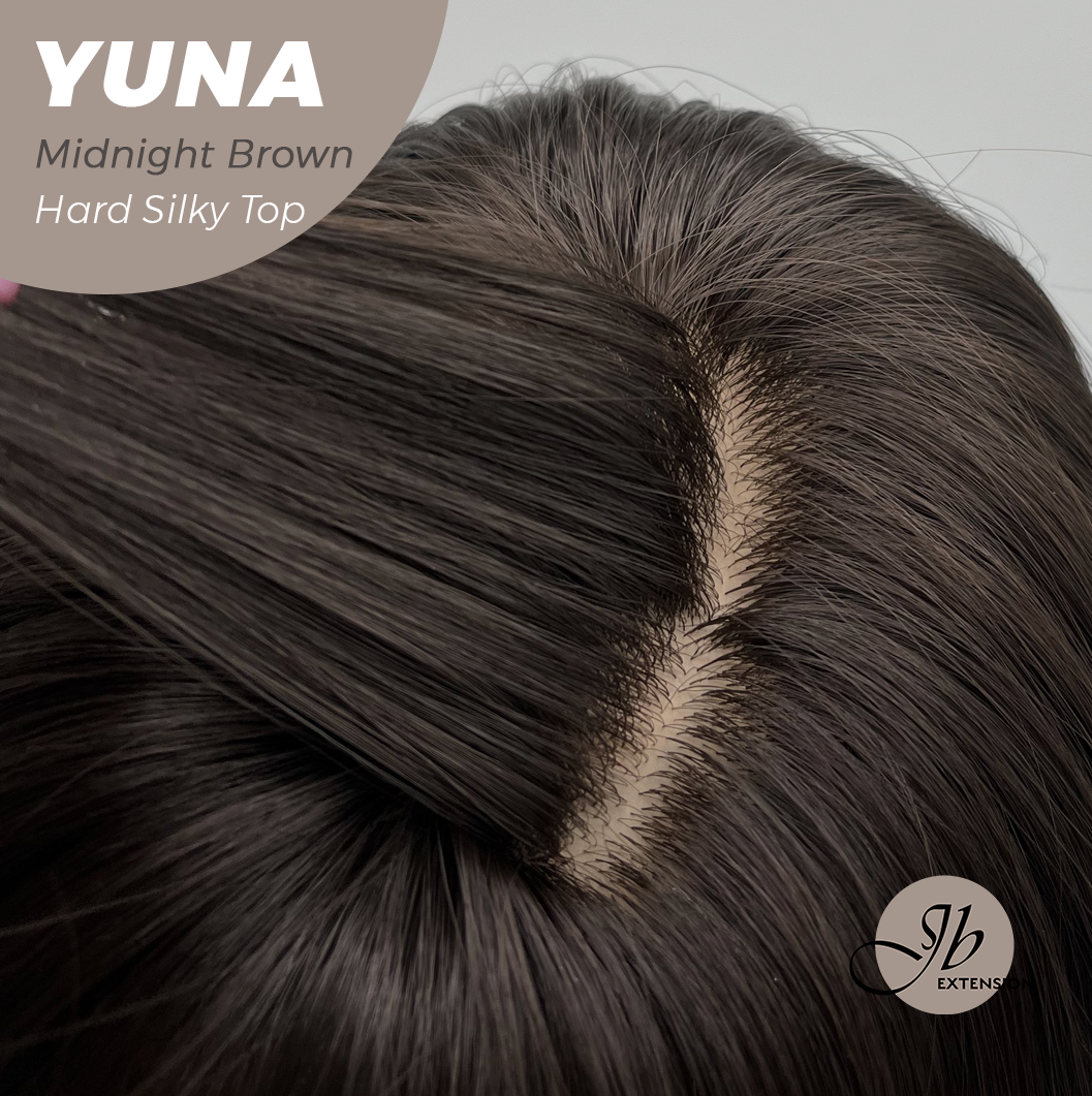 JBEXTENSION 12 Inches Scalpiana Midnight Brown( Black/Brown) 3.5X4 Hard Silky Top Natural Scalp Effect Women Wig With Bangs YUNA MIDNIGHT BROWN