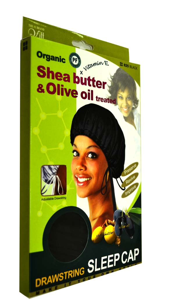 Qfitt Organic Shea Butter & Olive Oil Treated DRAWSTRING SLEEP CAP (825 Black)