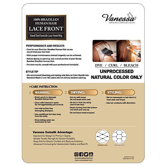 Vanessa 100% Brazilian Human Hair Swiss Lace Front Wig TJH CAMBRIA