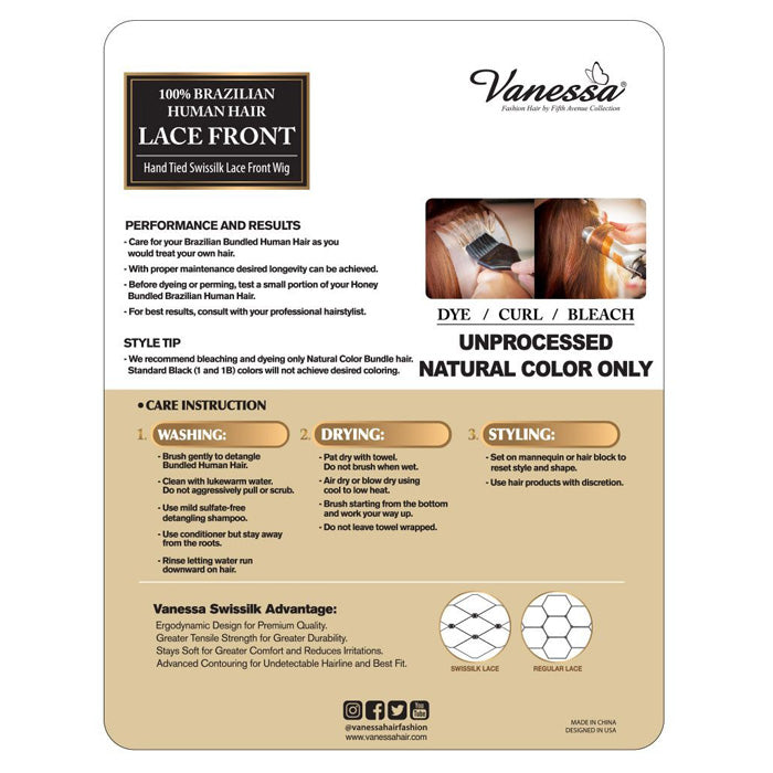 Vanessa 100% Brazilian Human Hair Swissilk Lace Front Wig - TCH TORY