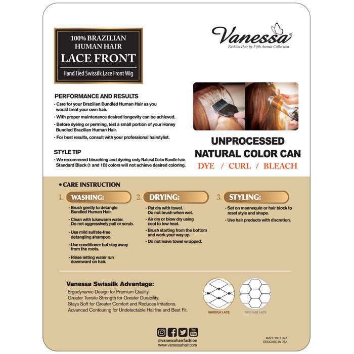 Vanessa 100% Unprocessed Human Hair Swissilk Lace Front Wig - TMH RENY