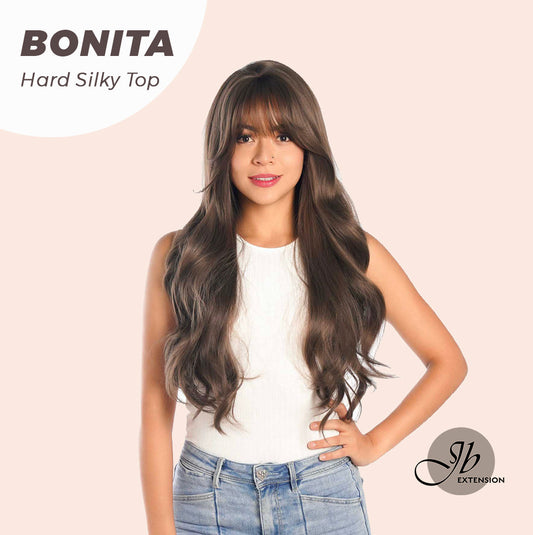 JBEXTENSION 26 Inches Scalpiana Brown Curly 3.5X4 Hard Silky Top Natural Scalp Effect Wig With Bangs BONITA
