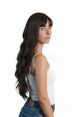 JBEXTENSION 28 Inches Long Body Wave Dark Brown Wig With Bangs GEM