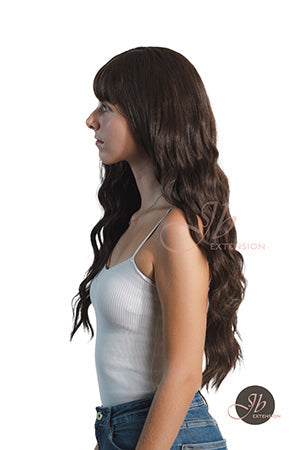 JBEXTENSION 28 Inches Long Body Wave Dark Brown Wig With Bangs GEM