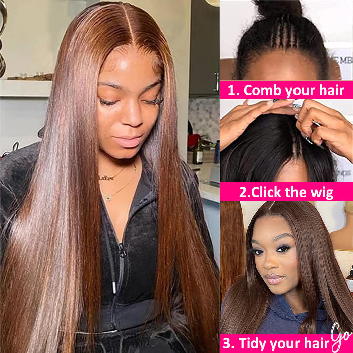 #4 Chocolate Brown Straight V/U Part Wig No Leave Out Glueless Human Hair Wigs Beginner Friendly