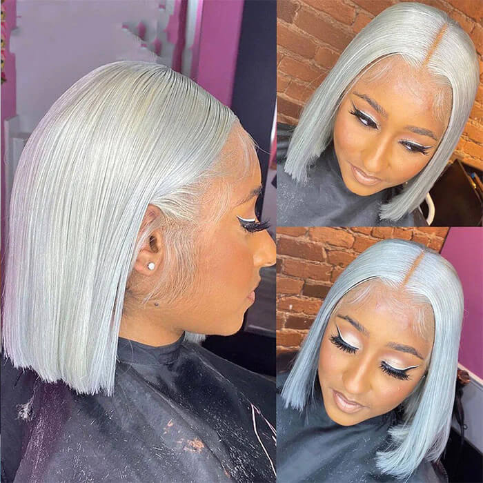 Grey 13x4 Lace Front Human Hair Wigs Straight Colored Sliver Bob Lace Wigs For Black Women Pre Plucked 220% Density