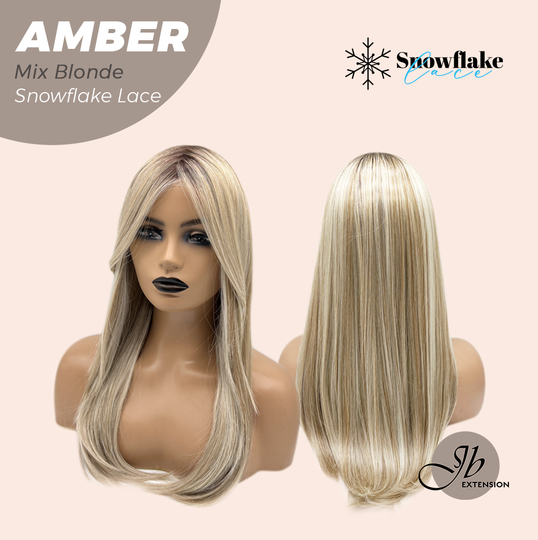 JBEXTENSION 21 Inches Straight Mix Blonde Pre-Cut T Part Snowflake Lace Frontlace Glueless Wig AMBER MIX BLONDE【BENDY EAR TABS】
