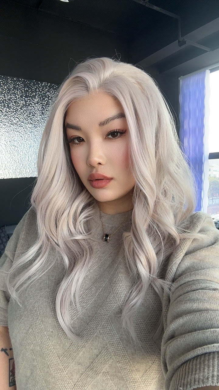 JBEXTENSION 20 Inches Ash Pink Curly Fiber X, Tangle Less Pre-Cut Free Part Frontlae Glueless Wig ALESSANDRA ASH PINK