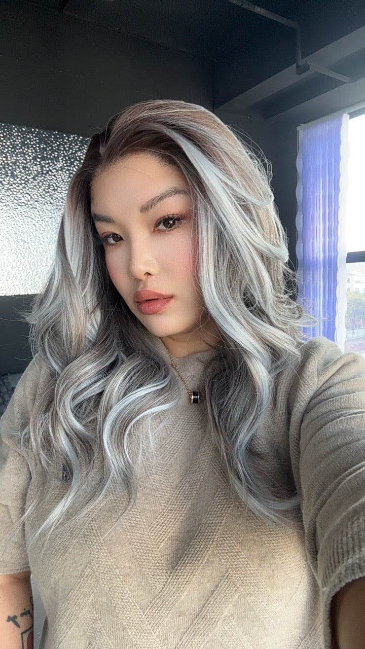 JBEXTENSION 20 Inches Brown with Grey Highlight Curly Fiber X, Tangle Less Pre-Cut Free Part Frontlae Glueless Wig ALESSANDRA GREY