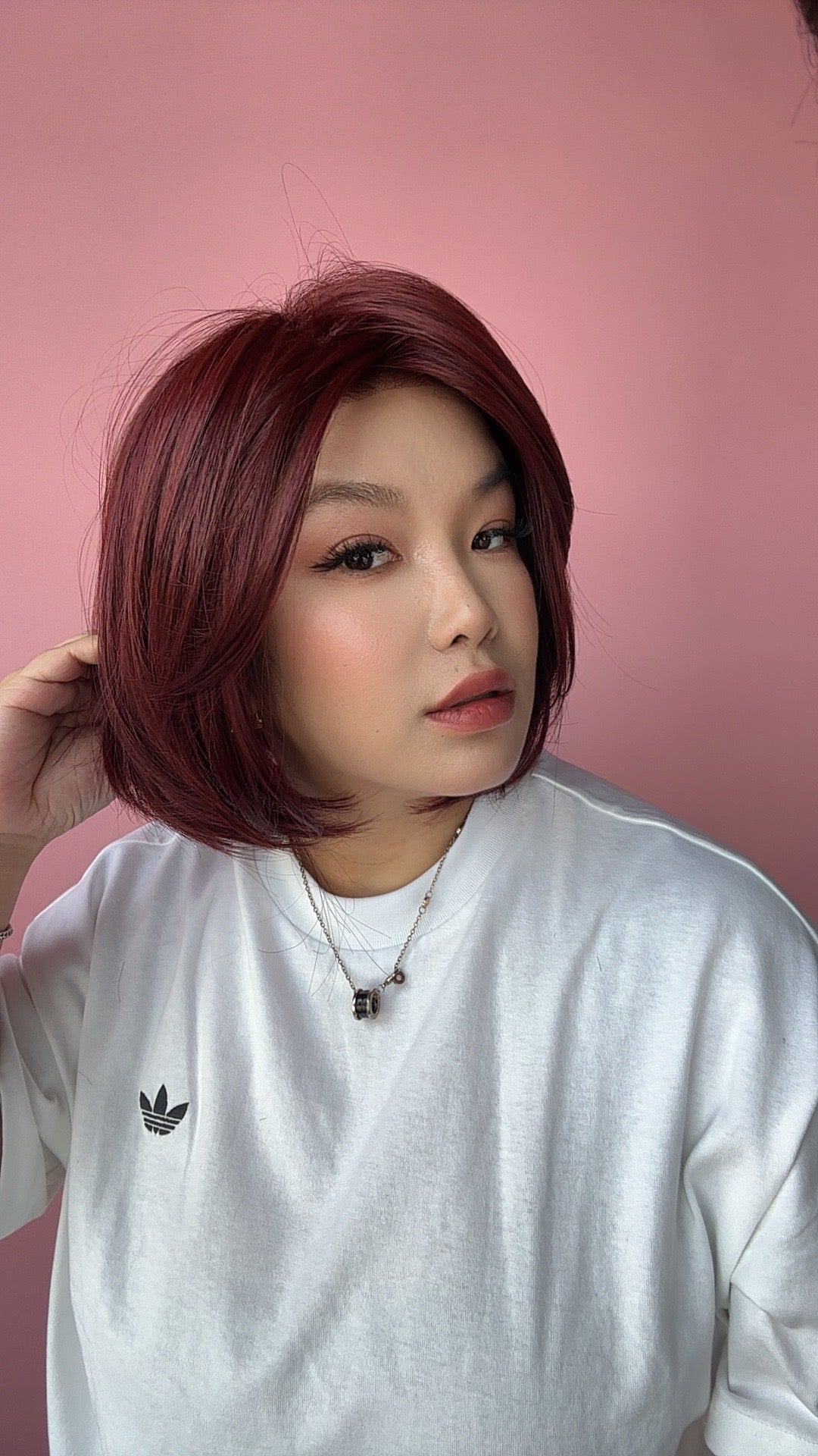 JBEXTENSION 12 Inches Bob Cut Dark Red Pre-Cut Snowflake Lace Frontlace Glueless Wig KHLOE DARK RED【PERMATEASE】【BENDY EAR TABS】- M/L