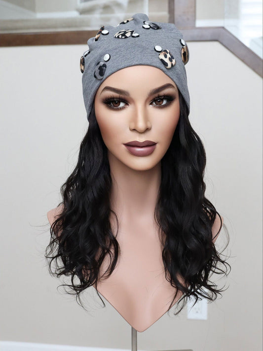 22" Natural Black Wavy Hat Wig (S)