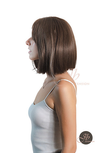 JBEXTENSION 12 Inches Bob Cut Dark Brown With Grey Highlight Wig With Bangs ANGIE GREY