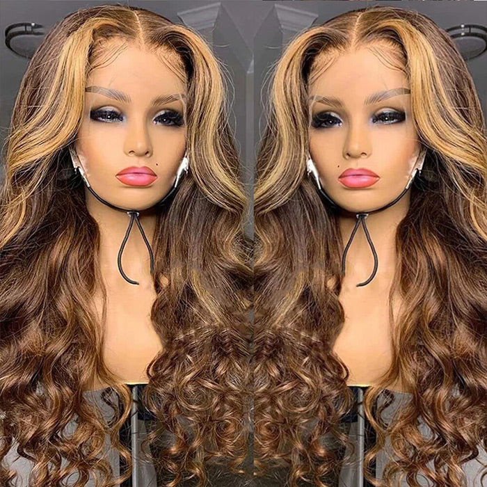 4/27 Honey Blonde Highlight Body Wave HD Lace Front Human Hair Wigs Free Part