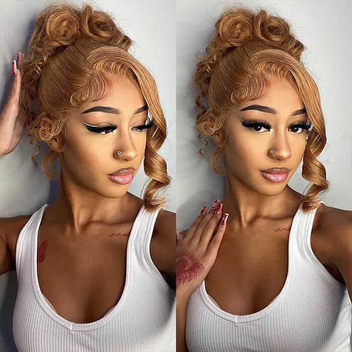 #27 Honey Blonde Color Invisible-Pull String 360 Lace Frontal Wigs Glueless HD Lace Wigs With Pre Plucked