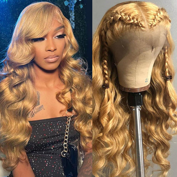 #27 Honey Blonde Color Invisible-Pull String 360 Lace Frontal Wigs Glueless HD Lace Wigs With Pre Plucked