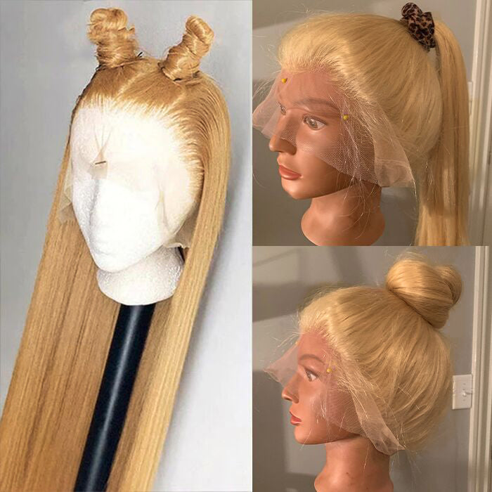 #27 Honey Blonde Color Invisible-Pull String 360 Lace Frontal Wigs Glueless HD Lace Wigs With Pre Plucked