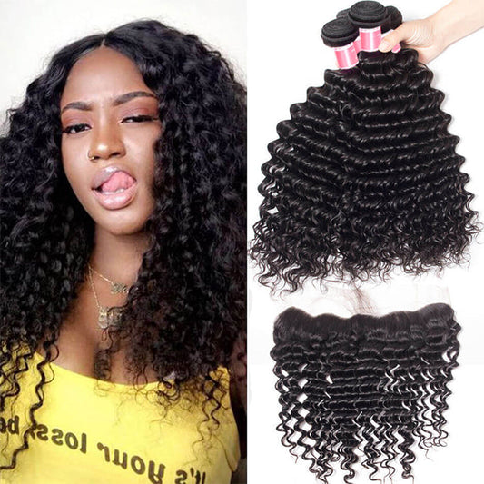 Malaysian Deep Wave 4 Bundles With 13X4 Ear To Ear Lace Frontal Natural Color
