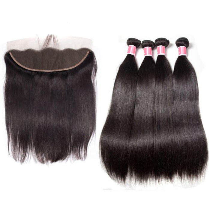Malaysian Straight Hair 4 Bundles With 13X4 Ear To Ear Lace Frontal Natural Color