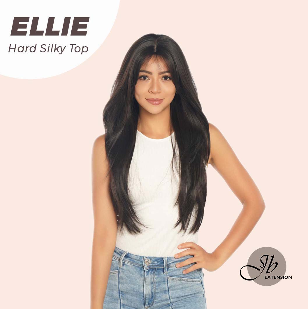 Nichole's Selection - 26 Inches Scalpiana Tea Black Darkest Brown Wolf Cut 3.5X4 Hard Silky Top Natural Scalp Effect Wig With Bangs ELLIE SILK TOP