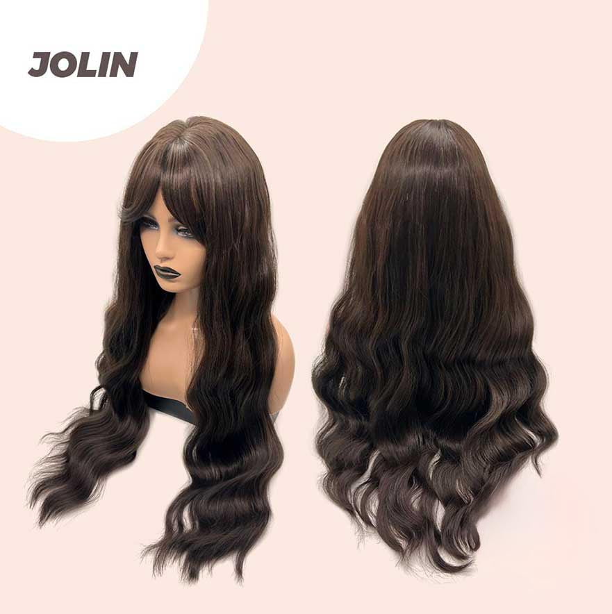 JBEXTENSION 32 Inches Extra Long Body Wave Nature Brown Wig With Bangs JOLIN