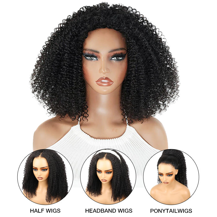 3 IN 1 Half Wig Kinky Curly Style Draw-strings Half Wig Invisible Hairline Flip Over Wig 220% Density