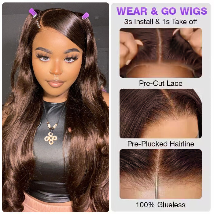 Body Wave #4 Chocolate Brown Glueless Wig 220% Density Pre-cut 8x5 HD Lace Wigs Ship In 24H