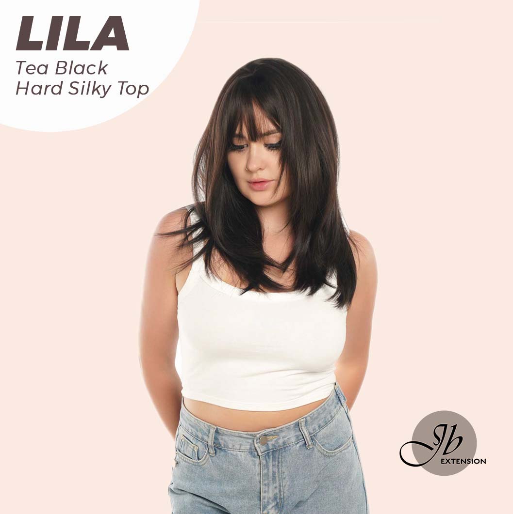 JBEXTENSION 20 Inches Scalpiana Tea Black Darkest Brown Wolf Cut 3.5X4 Hard Silky Top Natural Scalp Effect Wig With Bangs LILA TEA BLACK