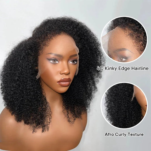 4C Kinky Edge Hairline Afro Kinky Curly Wigs Pre Cut 8x5 HD Lace Human Hair Glueless Wig Pre Bleached