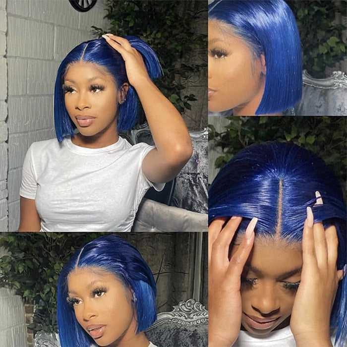 Blue Bob Wig 220% Density Straight 13x4 Lace Front Human Hair Wig Natural Hairline Bob Wigs