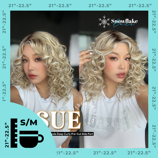 JBEXTENSION 17 Inches Blonde Deep Curly Pre-Cut Side Part Snowflake Lace Frontlace Glueless Wig SUE【BENDY EAR TABS】