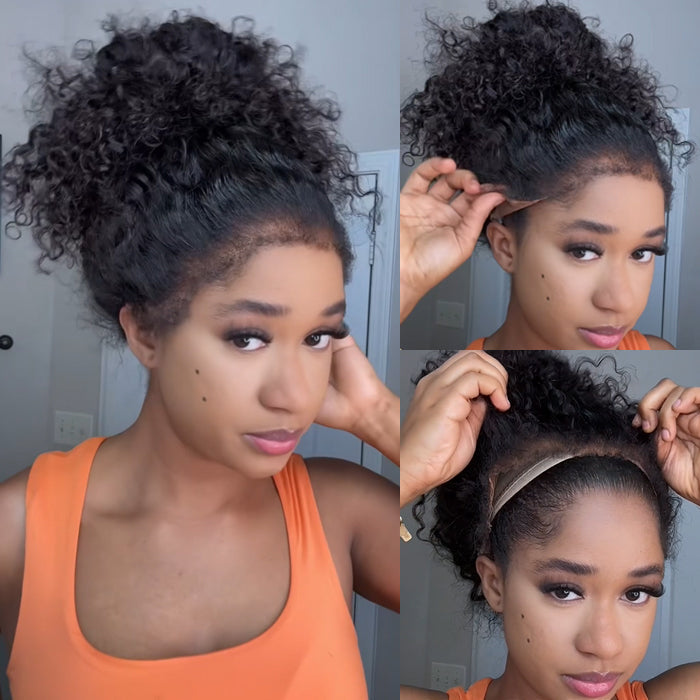 4C Curly Edges Invisi-String Snug Fit 360 Curly Lace Front Human Hair Wig Pre Bleached Knots with Curly Baby Hair All Around