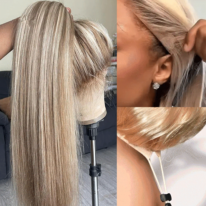 #P18/613 Highlight 13x6 Full Lace Frontal Straight Drawstring Wigs Pre Plucked HD Lace Human Hair Wigs