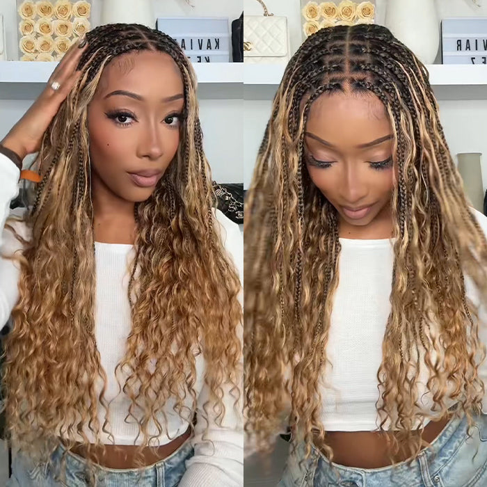 Boho Braided Wigs for Black Women Pull Go Drawstring 13x6 HD Lace Frontal Human Hair Wigs Blonde Color with Black Root
