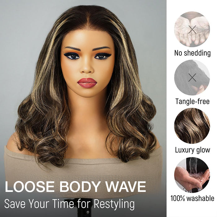 Highlight Color Short Loose Body Wave Pre Cut 8×5  HD Lace Wear Go Glueless Human Hair Wigs 220% Density