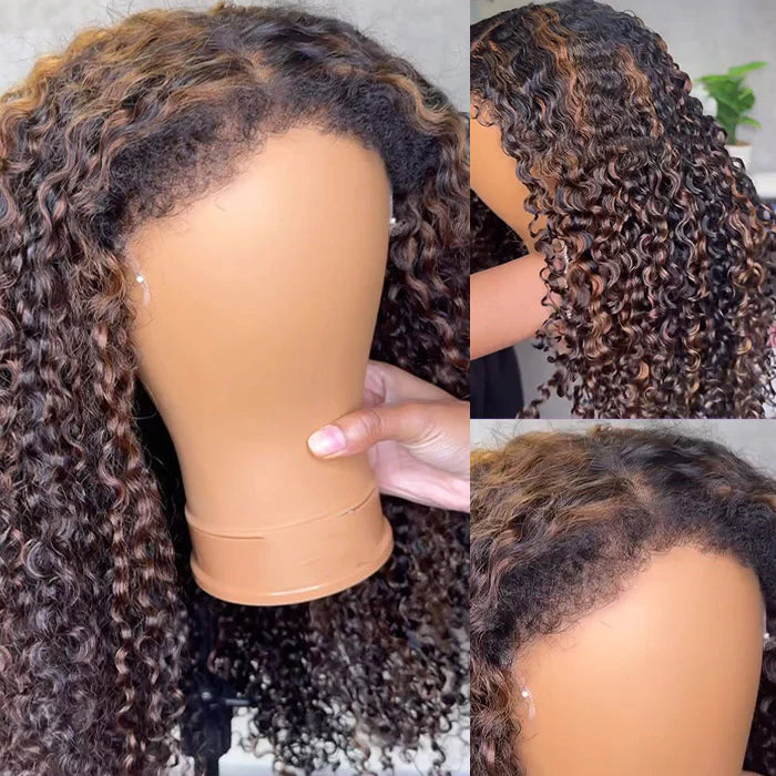 #1B/30 Balayage Highlights 4C Edges Curly Wig 13x6 Full HD Lace Pre Plucked Realistic Hairline Glueless Wig
