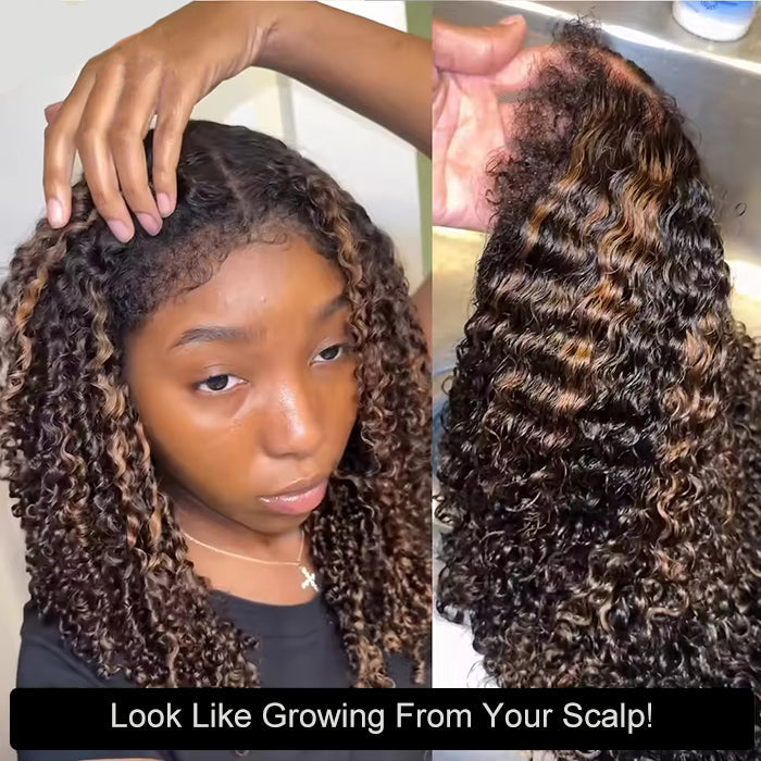 #1B/30 Balayage Highlights 4C Edges Curly Wig 13x6 Full HD Lace Pre Plucked Realistic Hairline Glueless Wig