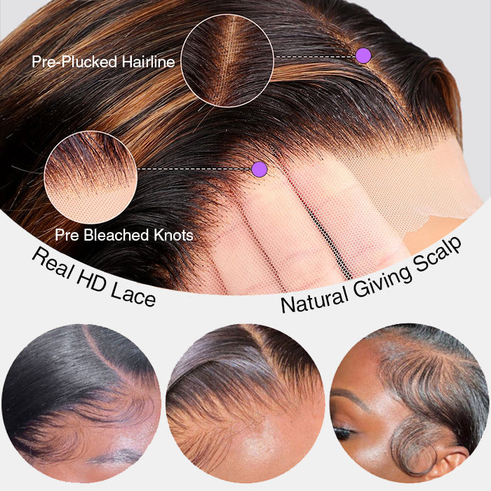 #1B/30 Balayage Highlight Wig Body Wave 4x4 HD Lace Closure Human Hair Wigs | Real HD Lace