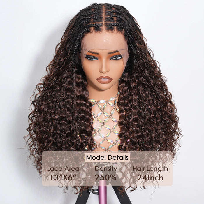 Boho Knotless Braided Wigs Drawstring 13x6 HD Lace Frontal Human Hair Wigs Brown Color with Black Root