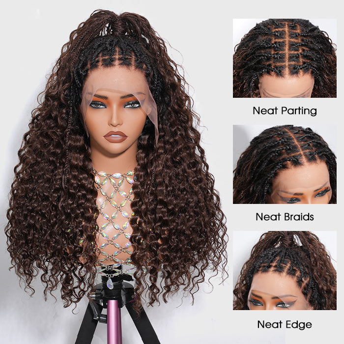 Boho Knotless Braided Wigs Drawstring 13x6 HD Lace Frontal Human Hair Wigs Brown Color with Black Root