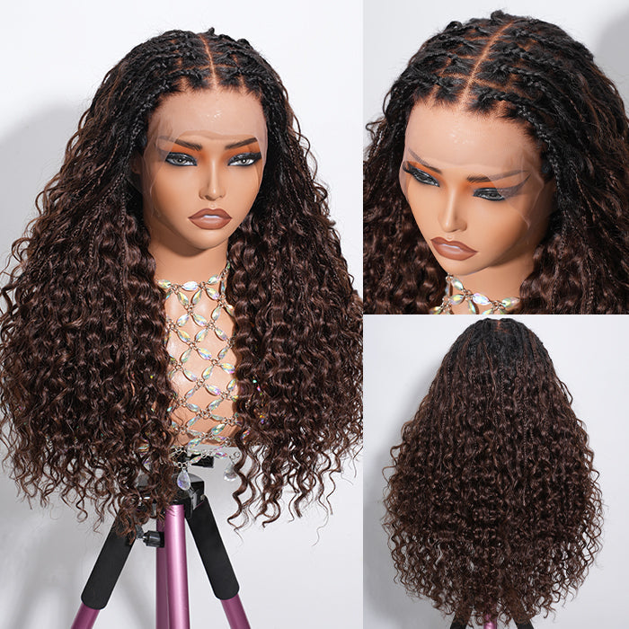 Boho Knotless Braided Wigs Drawstring 13x6 HD Lace Frontal Human Hair Wigs Brown Color with Black Root