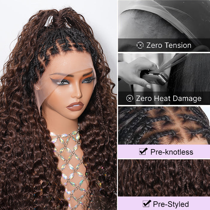 Boho Knotless Braided Wigs Drawstring 13x6 HD Lace Frontal Human Hair Wigs Brown Color with Black Root
