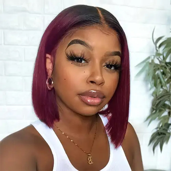 1B/99J Burgundy Ombre Short Straight Bob Wigs Human Hair With Pre Plucked Hairline