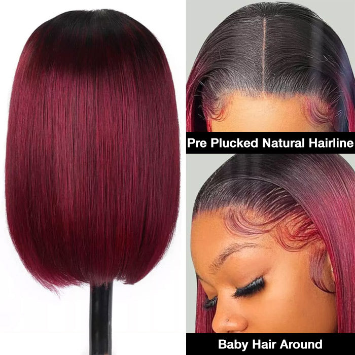 1B/99J Burgundy Ombre Short Straight Bob Wigs Human Hair With Pre Plucked Hairline